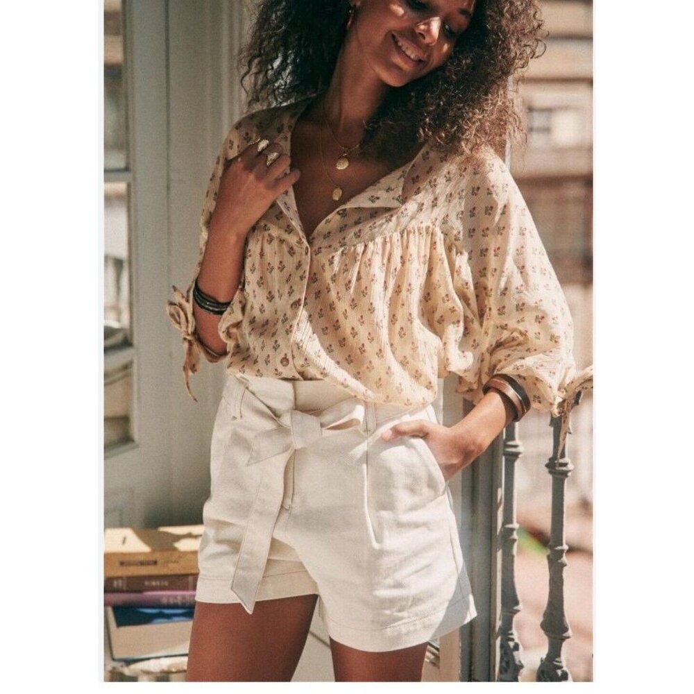 Sezane Cristina Silk Blend Crinkle Blouse Balloon Type Sleeves Size 34